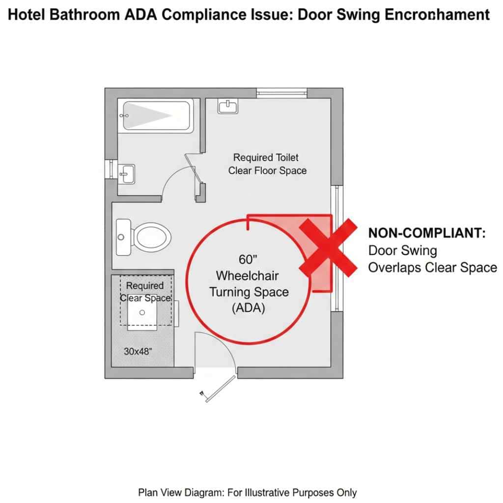 Hotel bathroom layout showing door swing encroaching into required ADA clear floor space and wheelchair turning radius