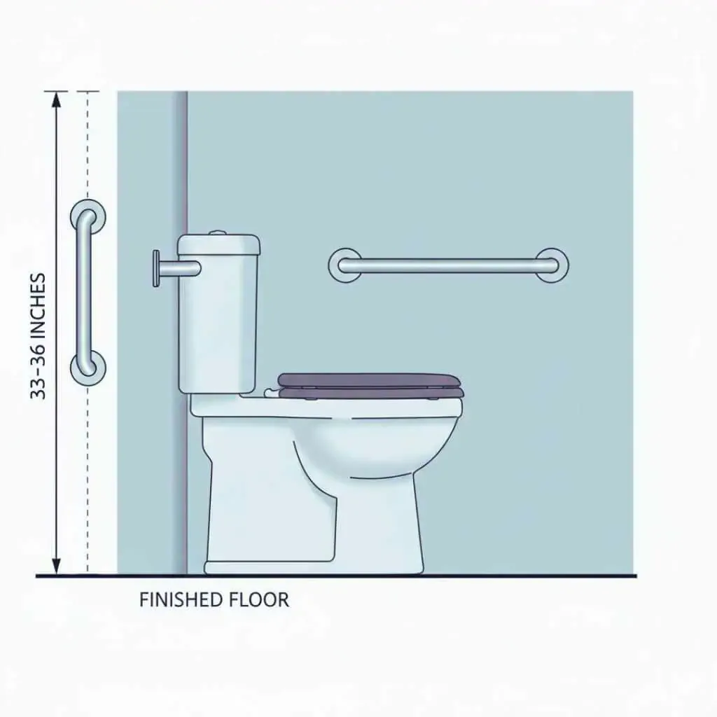 Diagram showing side and rear grab bars mounted 33 to 36 inches above the finished floor at an accessible toilet
