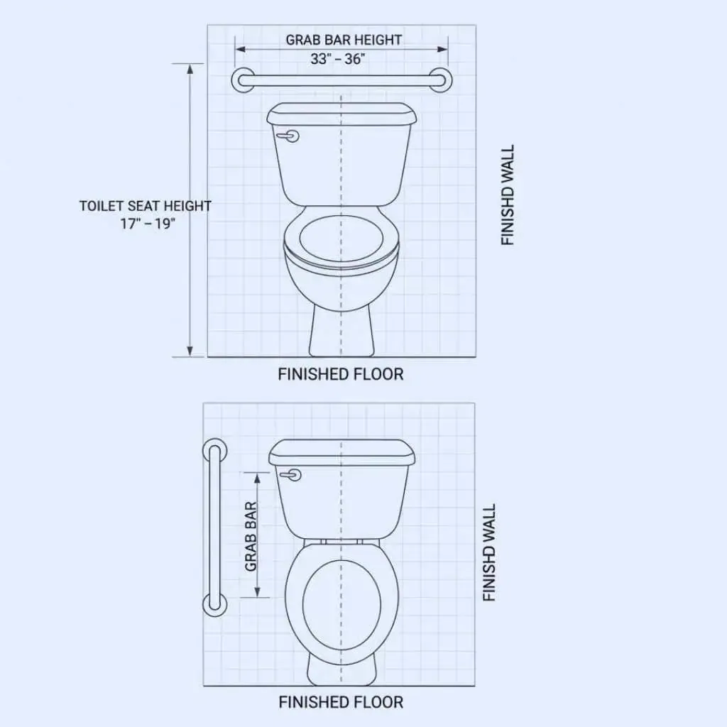 Diagram showing ADA toilet seat height and grab bar height measured from finished floor and toilet centerline in a California restroom