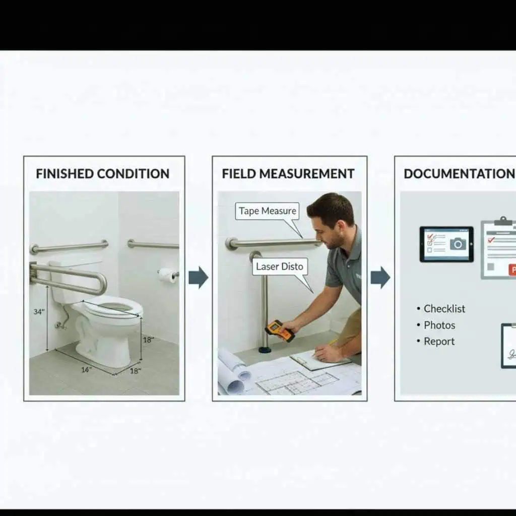 Diagram showing how CASp inspectors and DSA evaluate finished toilet and grab bar conditions using field measurements