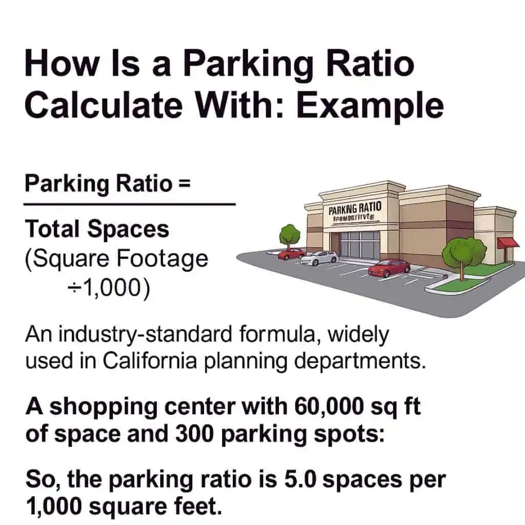 Example showing parking ratio calculation using 60,000 sq ft building and 300 parking spaces, with illustration of retail plaza exterior