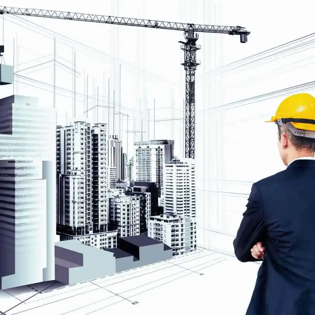Architect in hard hat observing city apartment complex blueprint with cranes and zoning overlays, symbolizing California multifamily development planning