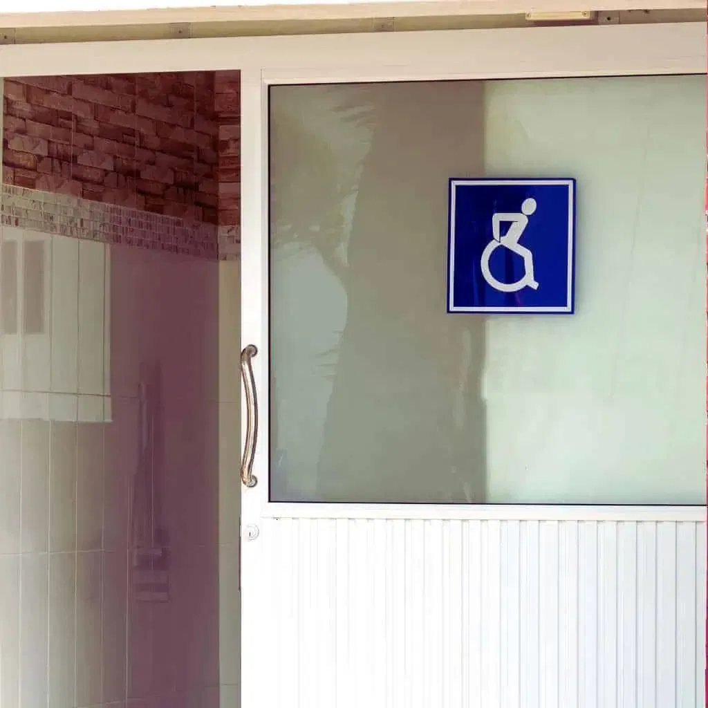 Accessible shower setup with grab bars, handheld showerhead, and fold-down seat designed for wheelchair users.