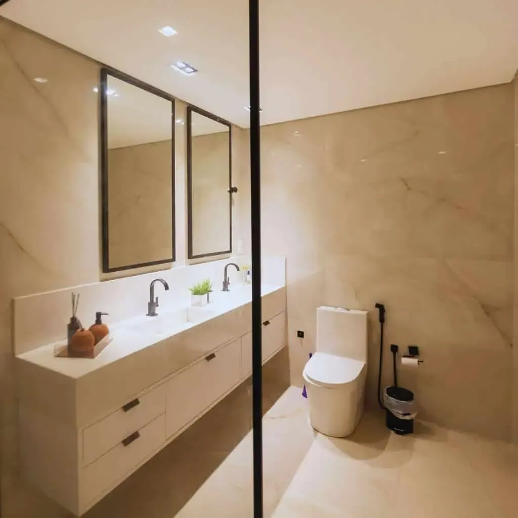 Modern restroom with dual sinks and a wall-mounted mirror, but no required grab bars, accessible clear floor space, or compliant toilet and lavatory dimensions under ADA and California Title 24 standards.