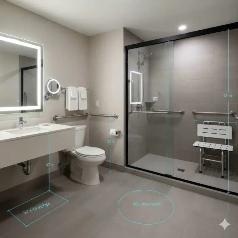 Accessible hotel guest room bathroom with roll in shower, grab bars, and clear floor space measured for ADA and California Title 24 compliance