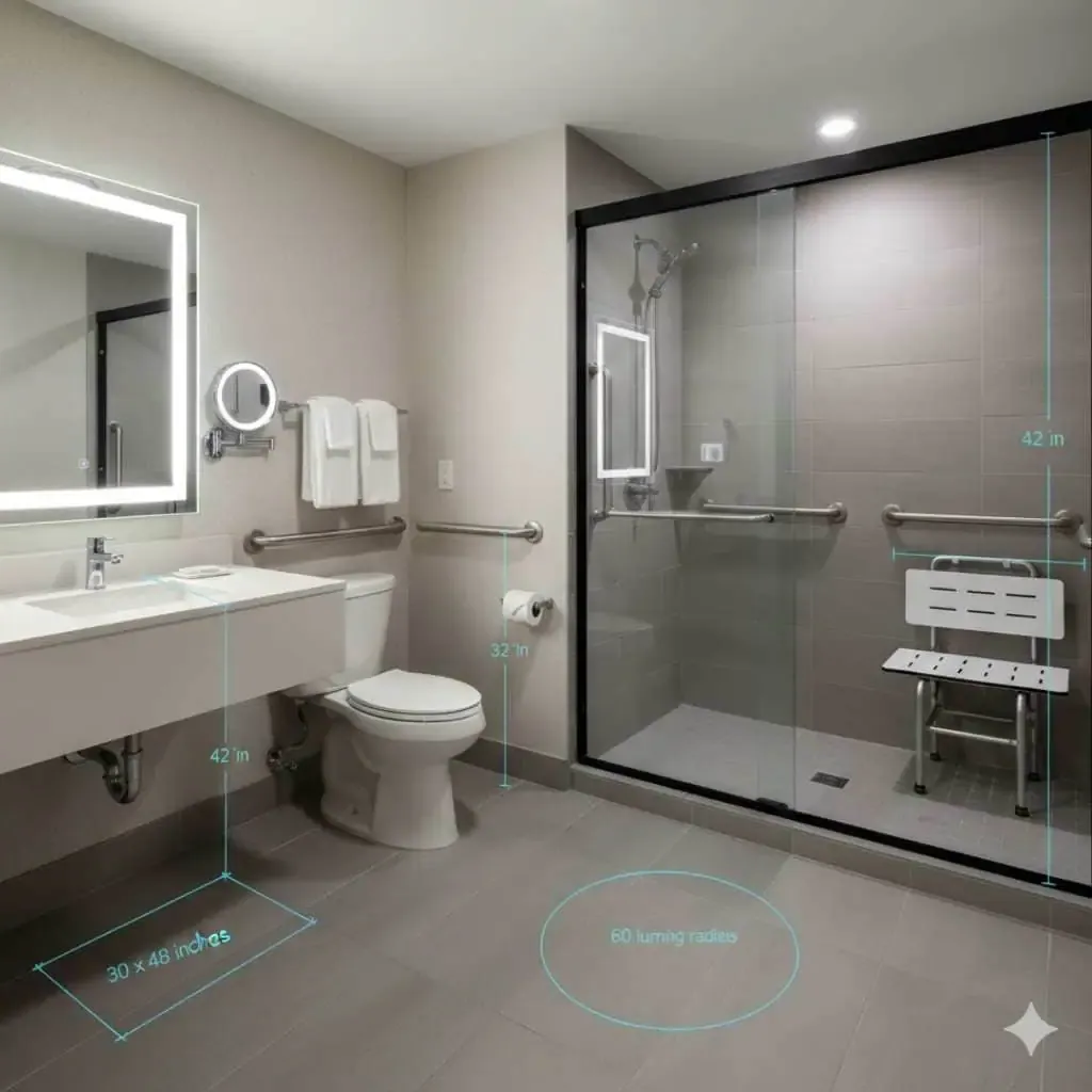 Accessible hotel guest room bathroom with roll in shower, grab bars, and clear floor space measured for ADA and California Title 24 compliance